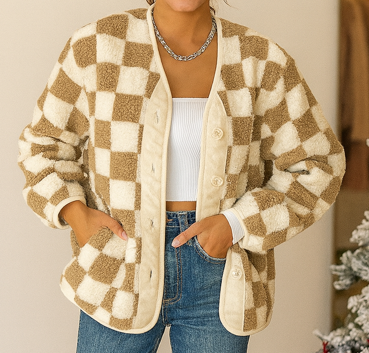 Brown Checkered Sherpa Jacket FB