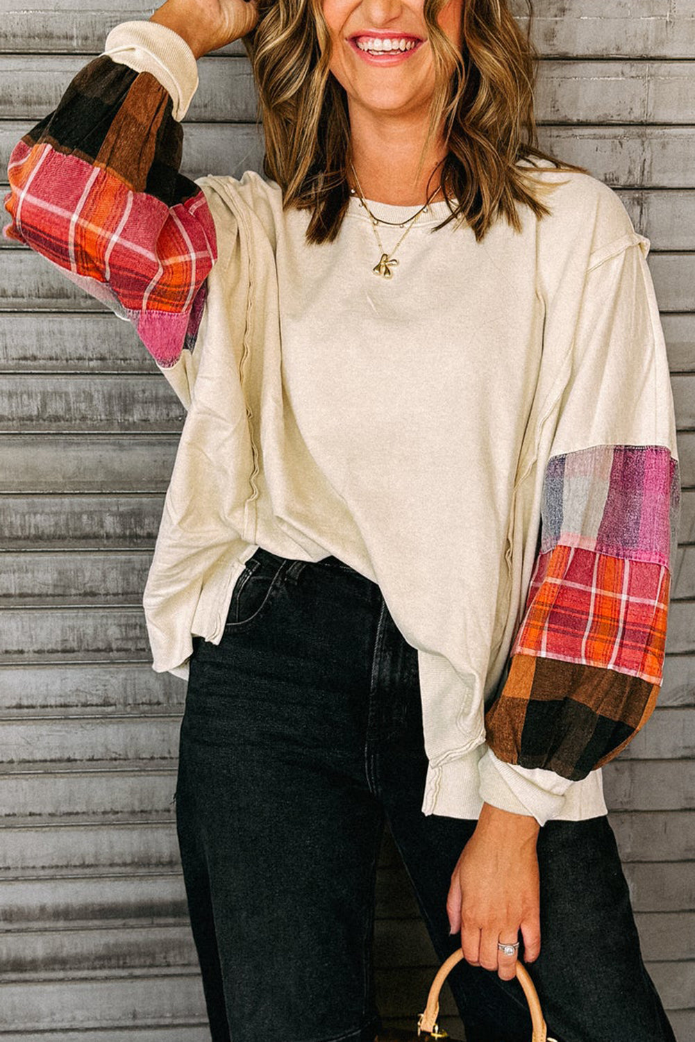 Beige Plaid Patchwork Top