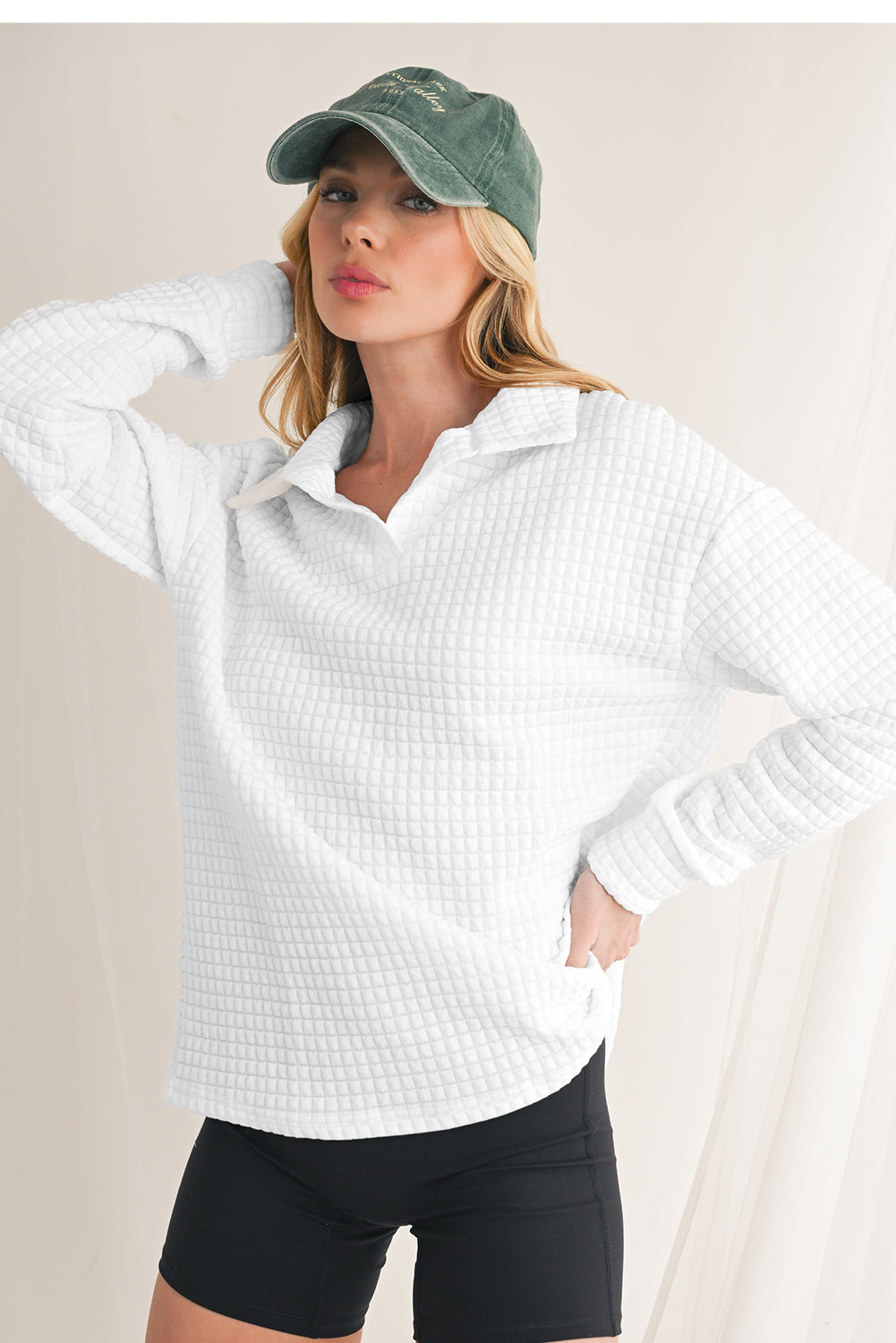 White Waffle Textured Shirtcolla Long Sleeve Top