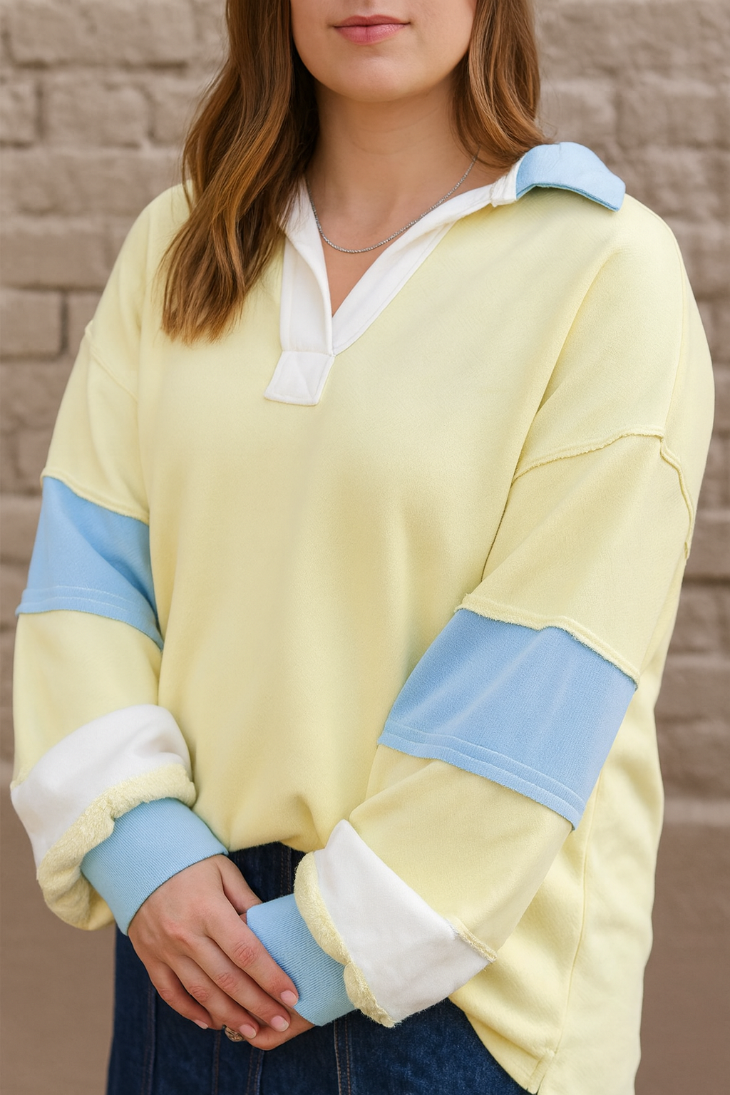Yellow Colorblock Plus Size Pullover FB