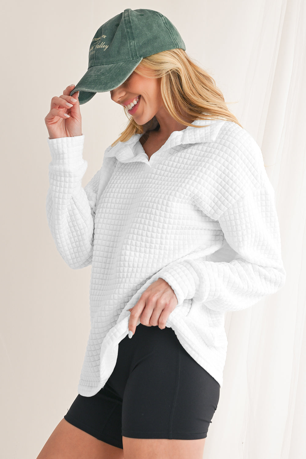 White Waffle Textured Shirtcolla Long Sleeve Top