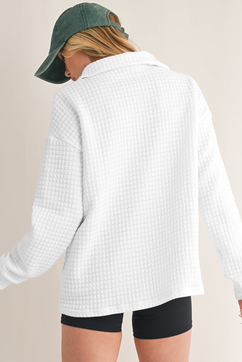 White Waffle Textured Shirtcolla Long Sleeve Top