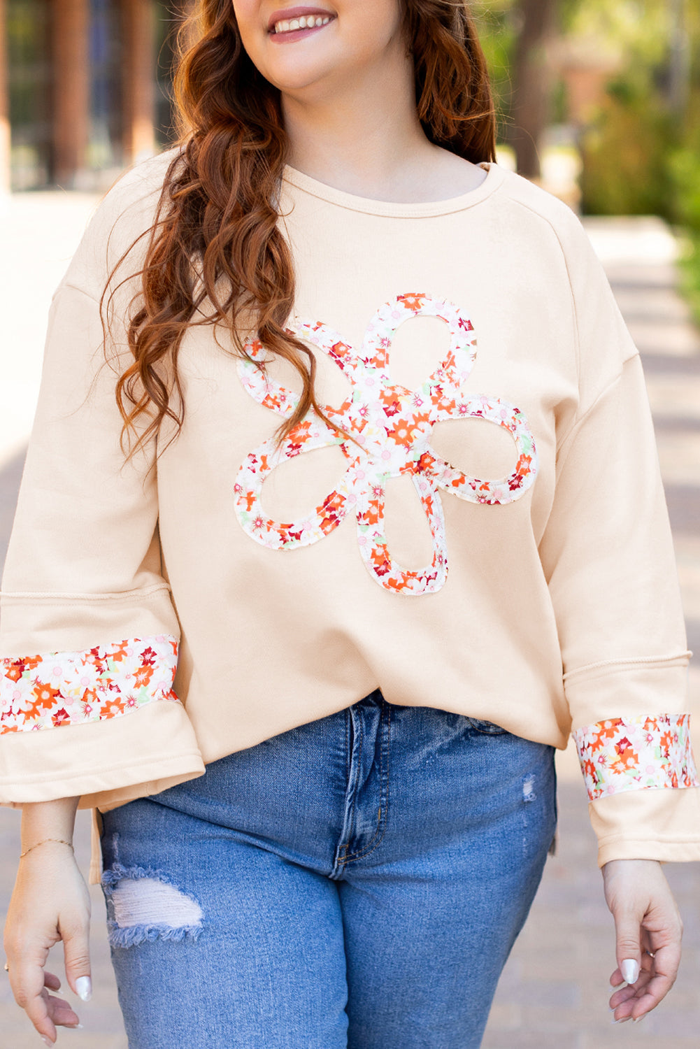 Beige Plus Size Flower Patched Top