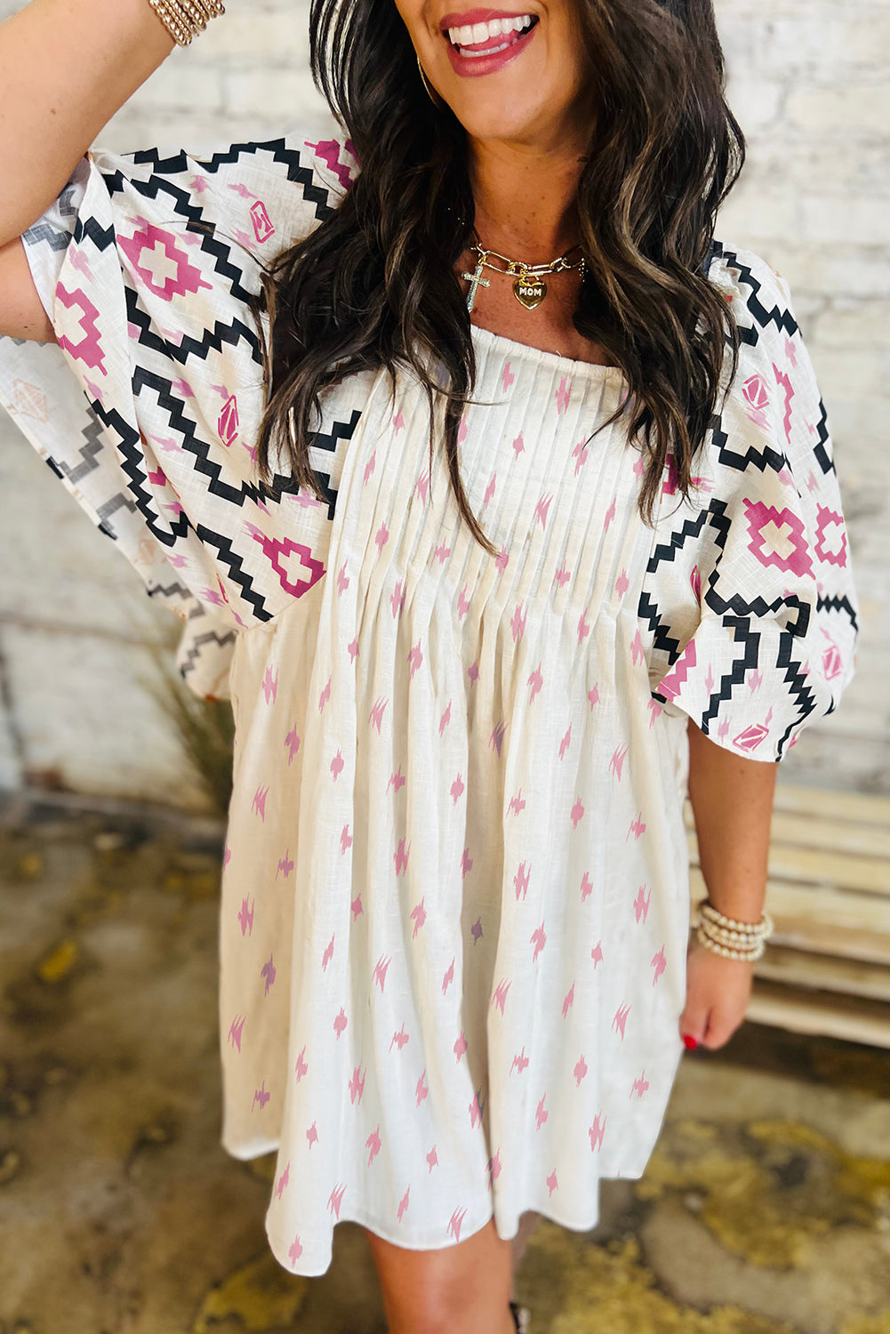 Beige Aztec Print Mini Dress