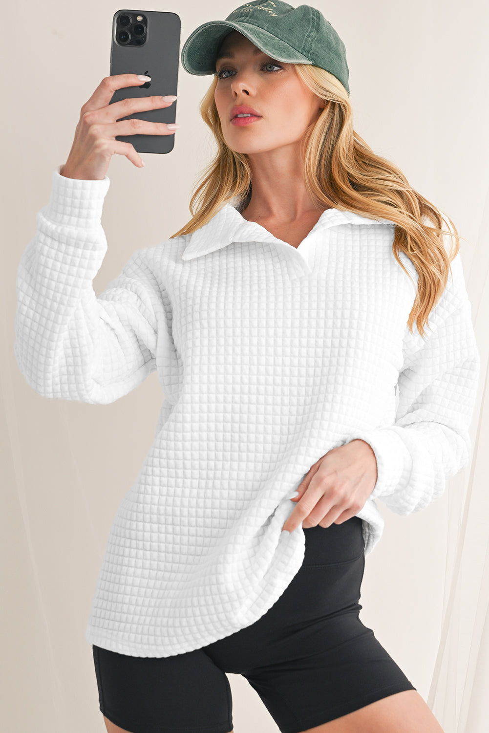 White Waffle Textured Shirtcolla Long Sleeve Top