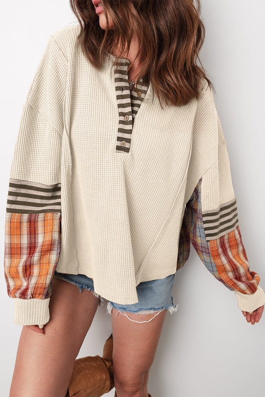 Beige Waffle Plaid Knit Top