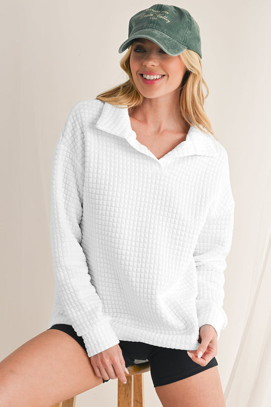 White Waffle Textured Shirtcolla Long Sleeve Top