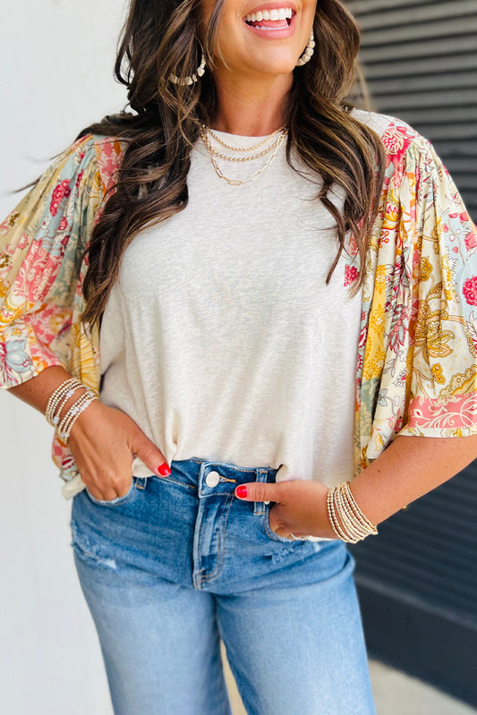 Beige Floral Batwing Blouse