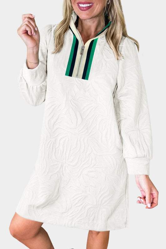 White Textured Quarter Zip Dress