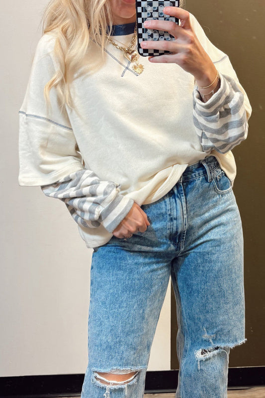 Beige Striped Patchwork Top