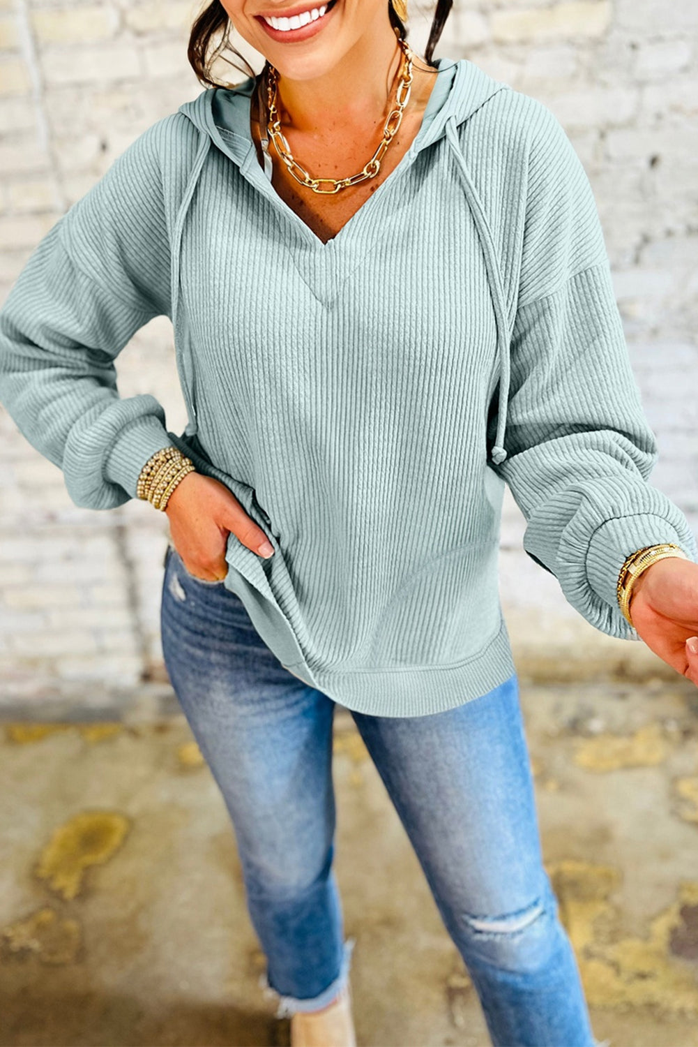 Aqua Ribbed Knit Hoodie