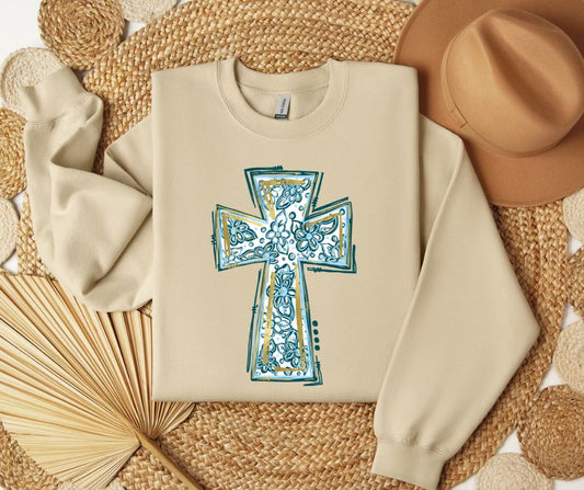 Blue and Green Floral Cross SWEATSHIRT