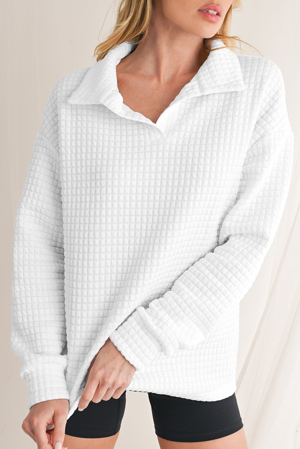 White Waffle Textured Shirtcolla Long Sleeve Top