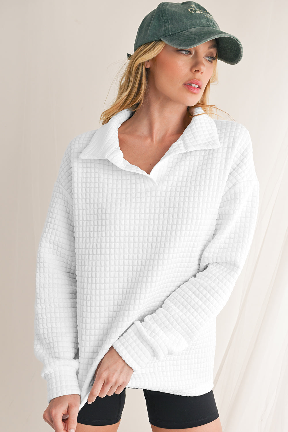 White Waffle Textured Shirtcolla Long Sleeve Top